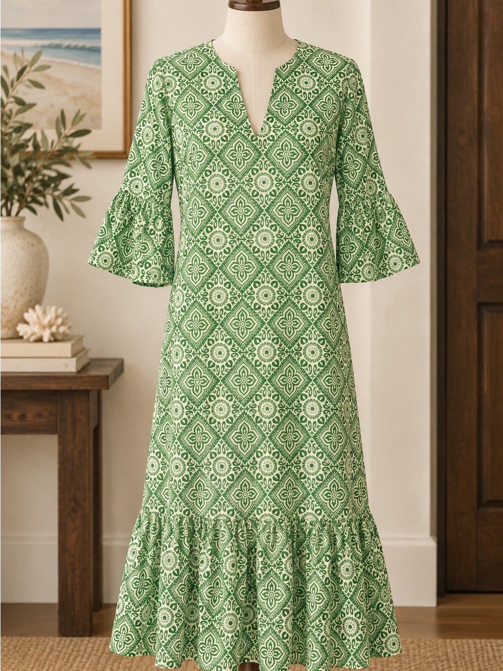 Green Patterned Midi Dress with Ruffle Hem